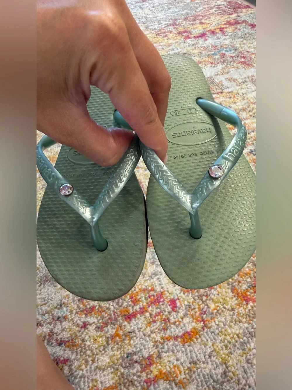 Havaianas Kids Flip Flops in Sage Green with Rhinestone Accent girl size 27-28